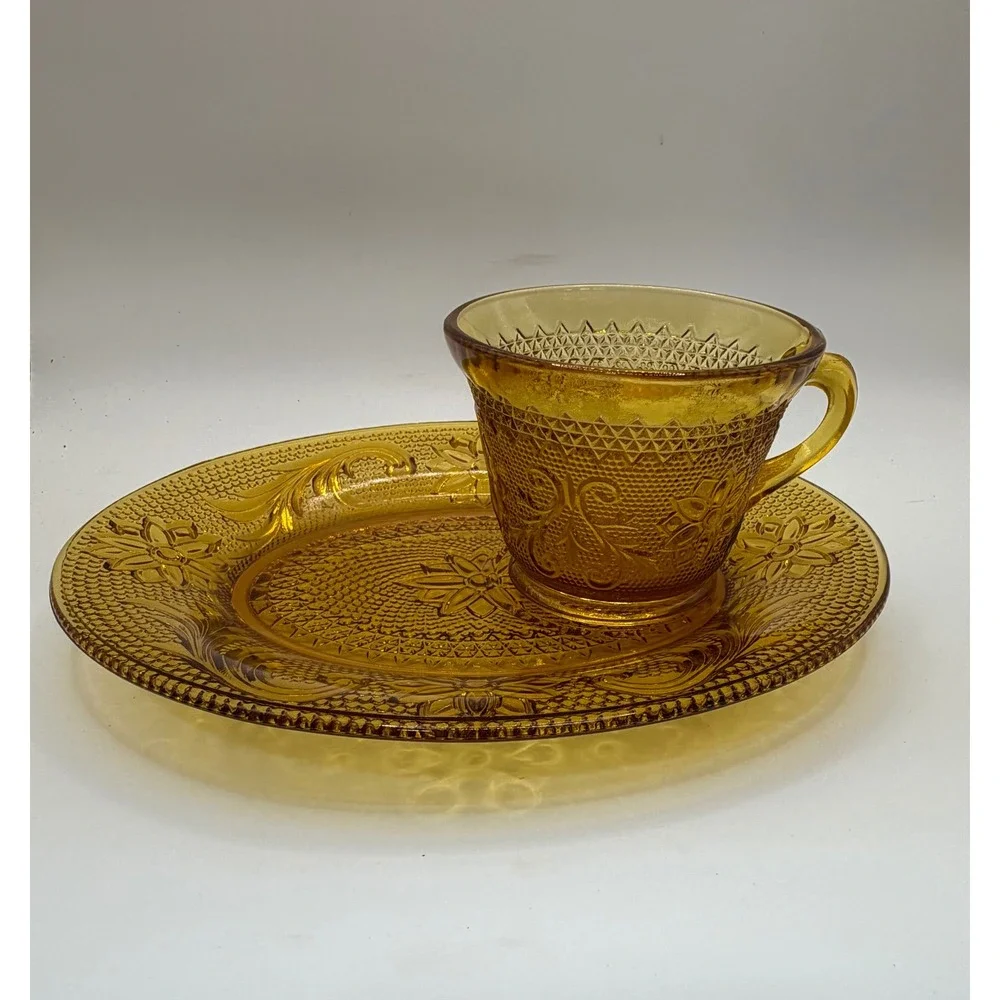 Tiara Indiana Glass Sandwich Amber Snack Set Tea Cup Plate Vintage Amber Gold